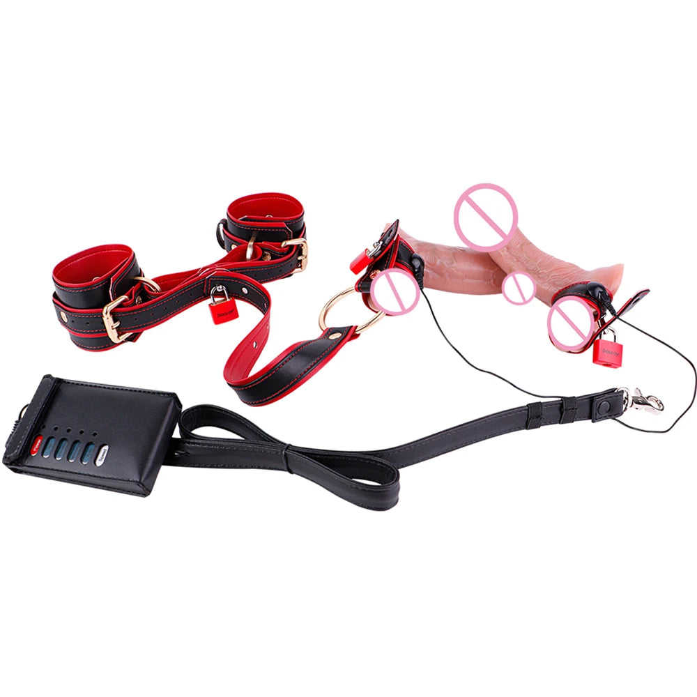 FRKO Electric Pulse Genital Testicle Restraint Straps PU Leather Handcuffs Body Restraint Slave Gay Bdsm Sex Toys For Men 18+