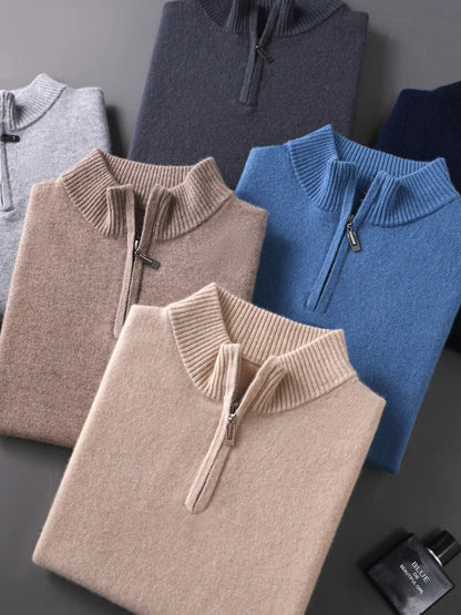CHICUU Men's 100% Cashmere Sweater Zipper Pullover Mock Neck Long Sleeve Basic Cashmere Knitwear Autumn Winter Clothing Tops