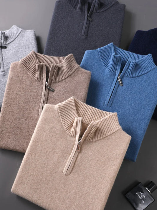 CHICUU Men's 100% Cashmere Sweater Zipper Pullover Mock Neck Long Sleeve Basic Cashmere Knitwear Autumn Winter Clothing Tops