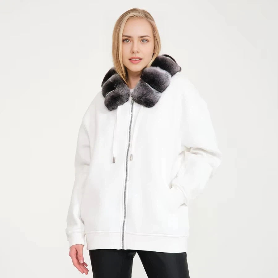 Women Hoodie Jacket With Real Chinchilla Rabbit Fur Collar Lady's Sweatshirt Streetwear Zip Up Luxury Hoody Zipper Genuine