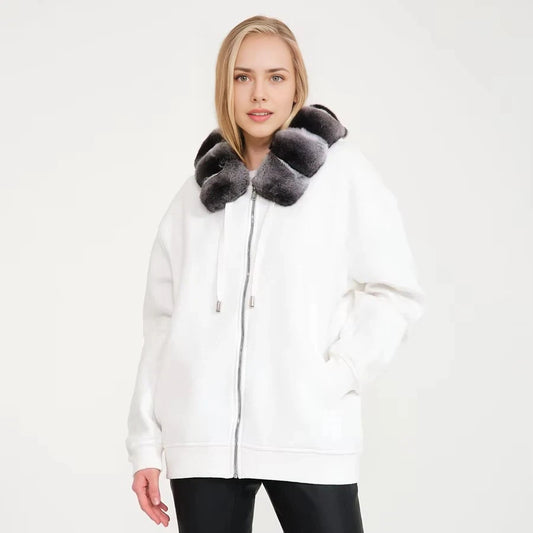 Women Hoodie Jacket With Real Chinchilla Rabbit Fur Collar Lady's Sweatshirt Streetwear Zip Up Luxury Hoody Zipper Genuine
