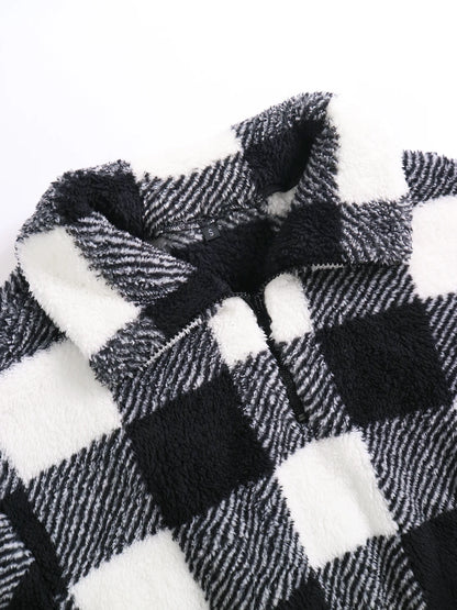 Women's Plaid Print Half Zip Drop Shoulder Fuzzy Sweatshirt, Casual Long Sleeve Collared Pullover for Fall and Winter