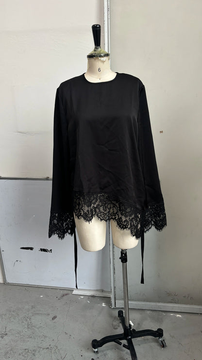 Solid Women Lace Patchwork Top Long Sleeve O-neck Irregular Hem Female T-shirt Casual Spring Summer Loose All-match Clothing