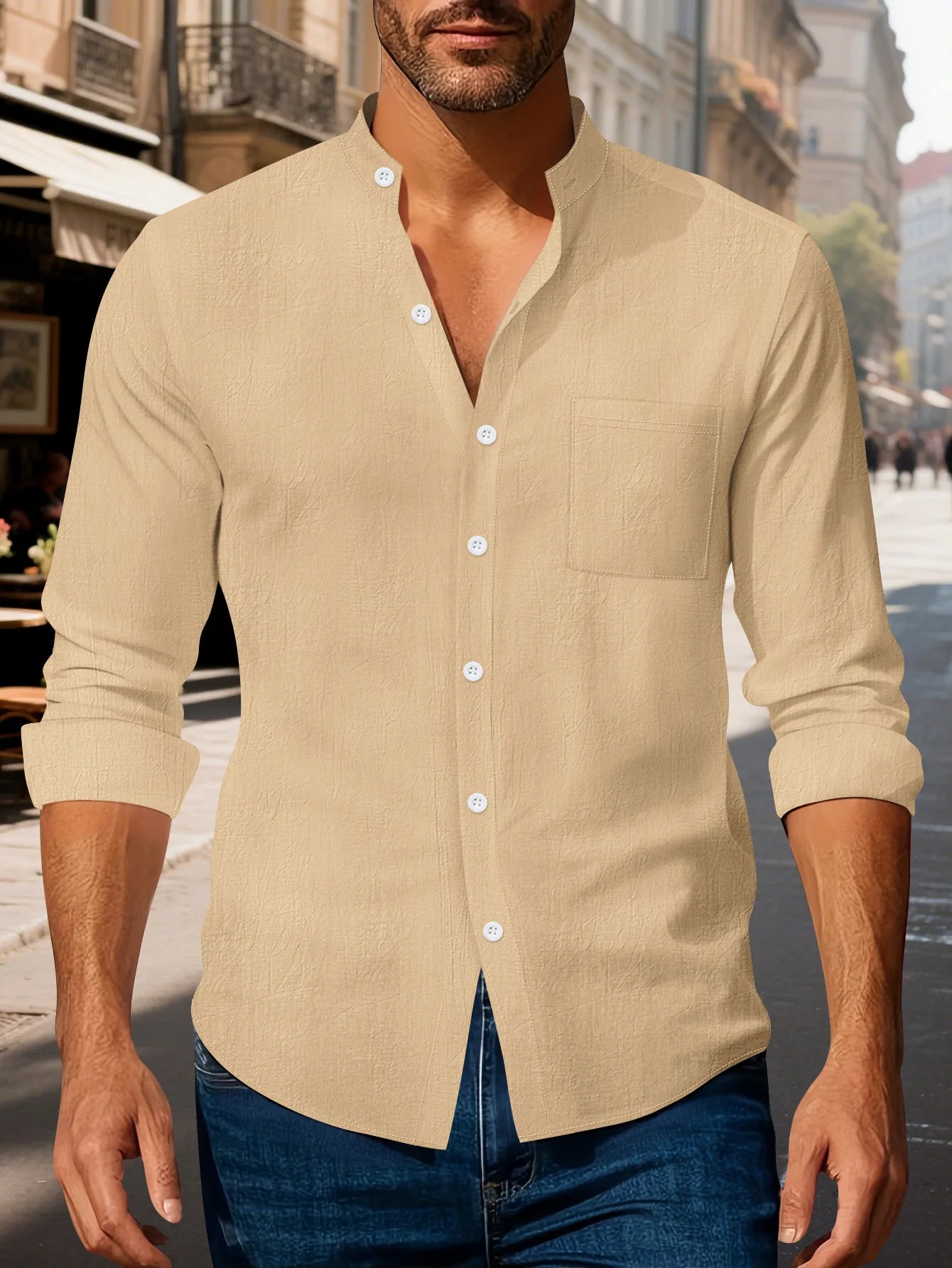 Autumn men's clothing 2025 new item men's solid color cotton and linen shirt stand up collar cardigan long sleeved casual busine
