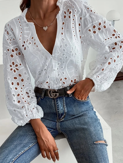 New Loose Elegant V Neck Hollow Out Lace Shirt Long Sleeve Fashion Women Office Sweet Blouse Casual Ruffle Solid Color Top