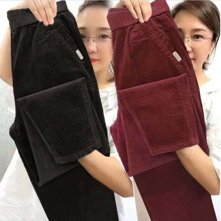 Autumn Winter Thickened Corduroy Casual Harlan Pants for Mom High Waist Loose Fit Straight Leg Casual Outerwear Polyester Fiber