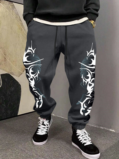 Men's Gothic Double Side Thorn Tribal Abstract Print Sweatpants Elastic Waist Soft Fabric Dark Punk Street Hip Hop Joggers