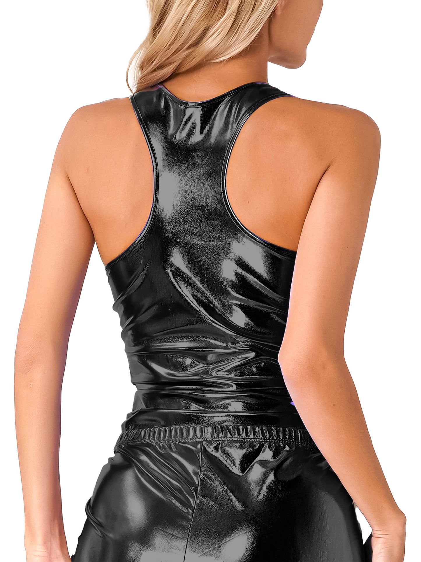 Womens Shiny Metallic Vest Top Deep U-neckline Sleeveless Racer Back Slim Fits Wetlook Camisole Tank Top Rave Festival Clubwear
