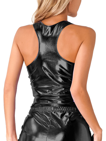 Womens Shiny Metallic Vest Top Deep U-neckline Sleeveless Racer Back Slim Fits Wetlook Camisole Tank Top Rave Festival Clubwear