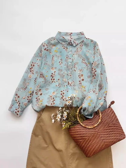 Loose Fit Linen Shirt Women's Thin Long Sleeve Casual Open Cardigan Top Artistic Print Commute Style Autumn Winter Shirt