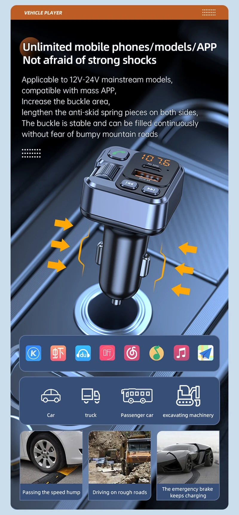 Bluetooth FM Transmitter Car Charger 20W PD USB-C Fast Charger Car Radio with Mic For Wireless Hands Free Call MP3 Player