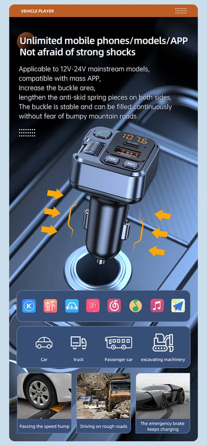 Bluetooth FM Transmitter Car Charger 20W PD USB-C Fast Charger Car Radio with Mic For Wireless Hands Free Call MP3 Player