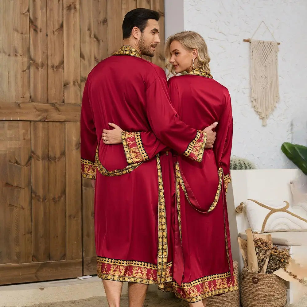 Baroque Style Couple Sleep Robe Long Sleeve Luxury Satin Bathrobe WP3403 Oversize Autumn Winter Home Clothes Men's Robe