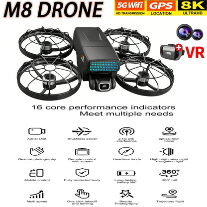 New Drones M8 GPS 8K HD Dual Cameras 360° FPV 5G WIFI Brushless Motor Obstacle Avoidance Foldable Quadcopter for Aerial Boy Toys