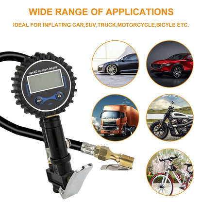 250PSI Digital Tire Pressure Inflator Gauge Aluminum Alloy Tire Pressure Gauge Air Line Clip-on Tyre for Motorcycle Bicycle Auto