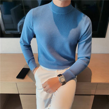 2023 Male High End Fashion Knitted Pullover Sweater Men Half Turtle Neck Winter Woolen Casual Jumper Clothes
