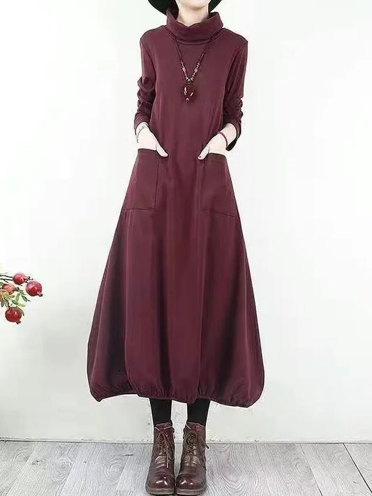 Loose Vintage Half High Collar Dress for Middle-Aged And Elderly plus Size Women Comfortable Autumn Fashion Simple Style