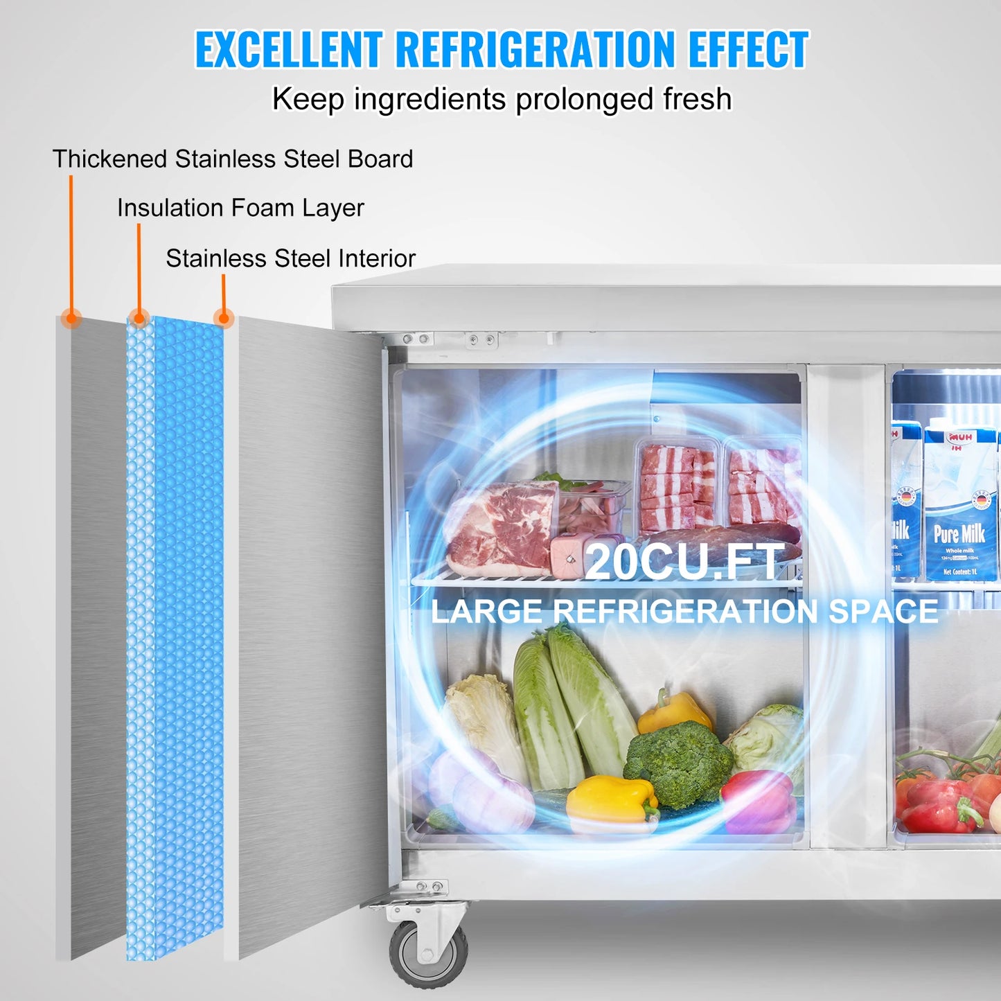 SucceBuy 72" Commercial Refrigerator Sandwich & Salad Prep Table 20Cu.Ft Food Prep Frost Free Refrigerator for Restaurant Bar