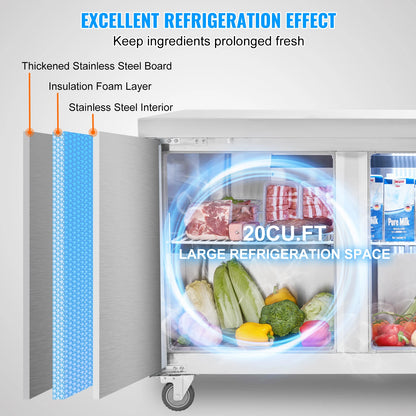 SucceBuy 72" Commercial Refrigerator Sandwich & Salad Prep Table 20Cu.Ft Food Prep Frost Free Refrigerator for Restaurant Bar