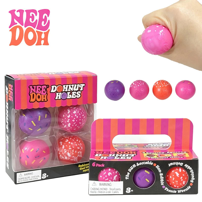 Schylling Needoh Dohnut Holes 6Pcs 4 Pack Mini Doughnut Squish Balls Squeeze Fidget Stress Desk Toy Anti Anxiety Sensory Gift