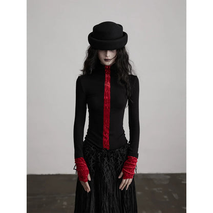 Erwofeina Gothic Patchwork Women's T-shirt Black Long Sleeve Turtleneck Slim 2000s Clothes Y2k Tees Female Clothing Autumn Tops