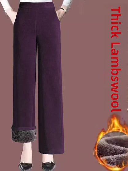 High Quality Fleece Lined Wide Leg Pants Thickened Corduroy Straight Cut Casual Trousers for Women Winter 2025 Warmth Elastic...