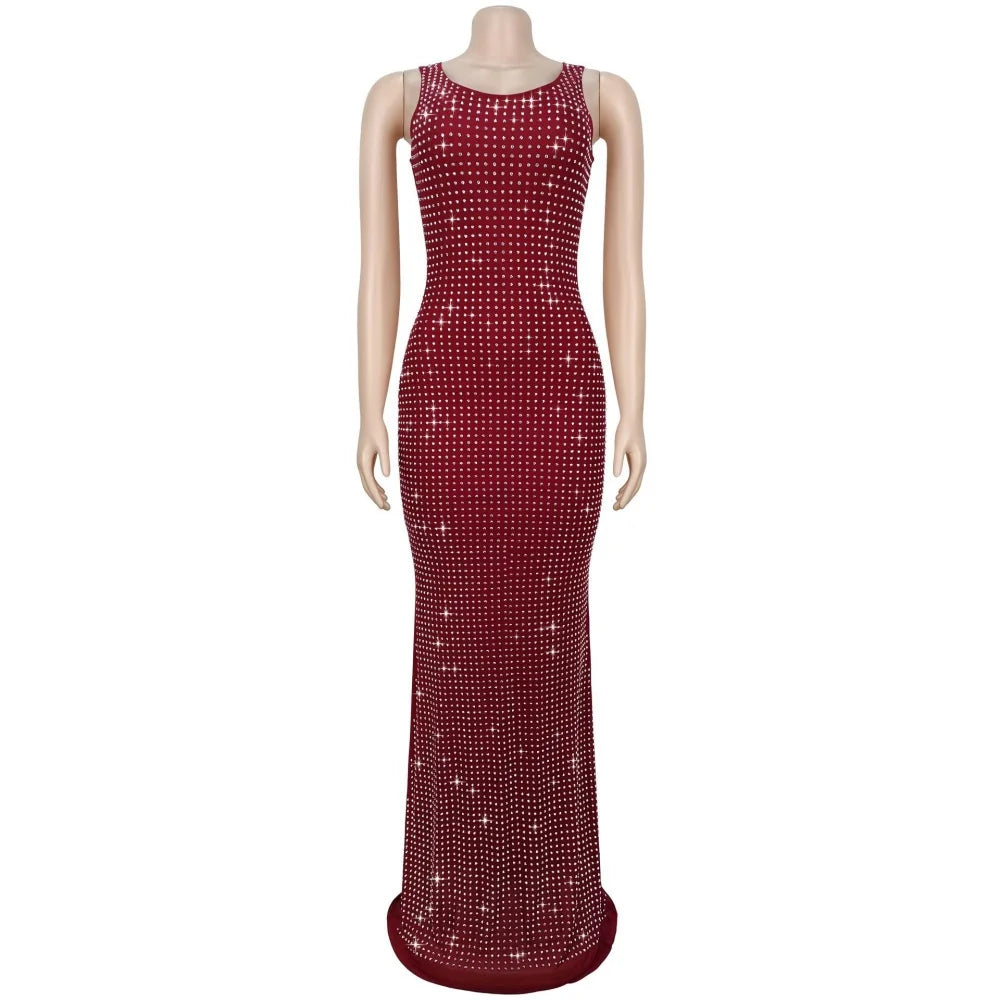 RLMABABY Sexy Swinging Collar Diamond Women Club Bodycon Dress Sleeveless Backless Evening Party Long Prom Dress