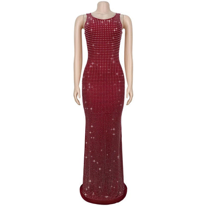 RLMABABY Sexy Swinging Collar Diamond Women Club Bodycon Dress Sleeveless Backless Evening Party Long Prom Dress