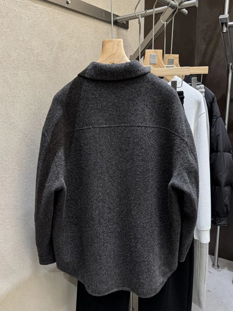 Male Fashion Winter Warm Turn Down Collar Double Sided Jacket Single Breasted Trench Coat Long Sleeves Pocket Loose Fit Overcoat