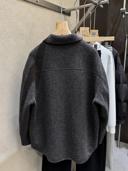 Male Fashion Winter Warm Turn Down Collar Double Sided Jacket Single Breasted Trench Coat Long Sleeves Pocket Loose Fit Overcoat