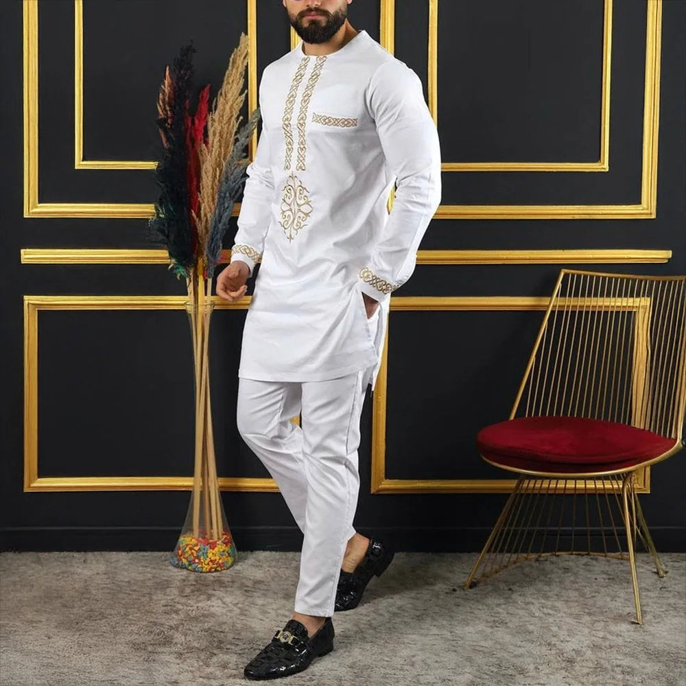 Fashionable Ethnic Embroidered Long Sleeve Long Pants Suit for Men New 2026 Style Summer Season round Neck Single Button Closure