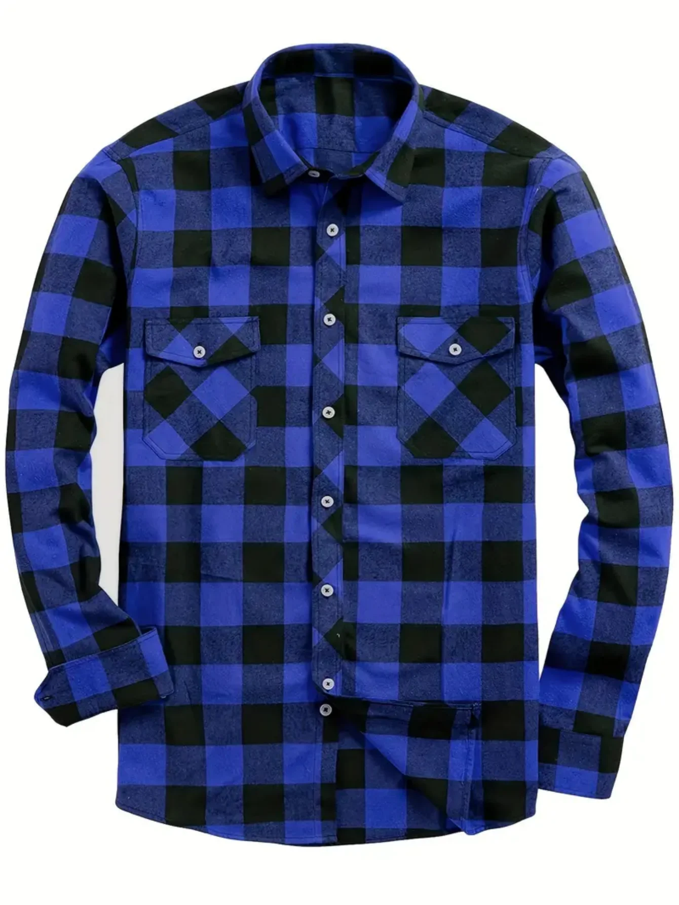 LVLAEA Plaid Pattern Men Fall Winter Buttonup Streetwear Long Sleeve Lapel Collar Pocket Decoration Trendy Y2K Tated Shirt for M
