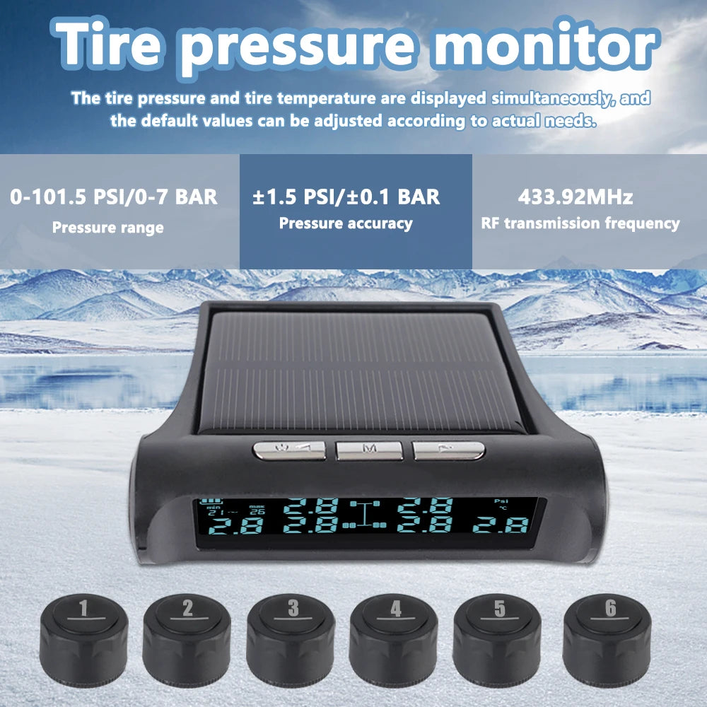 Solar Power TMPS LCD Display With 6 External Sensors For Truck Bus Car Tire Pressure Monitoring LCD Security Alarm