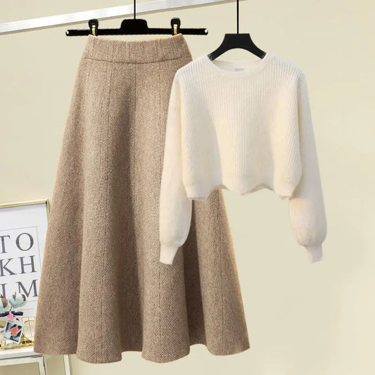 plus Size Women's Autumn Winter Knitted Sweater White Half-length Skirt Two-piece Set Slimming Concealing Anti-aging