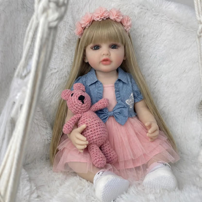 NPK 55CM Lifelike Vinyl Reborn Baby Doll Waterproof Betty with Long Blond Hair Princess Toddler  Real Touch Collectible Doll