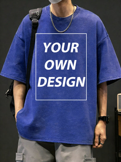 Mens Summer Personalized Pattern Custom Cotton Retro T-Shirts Korean Street Trendy Short Sleeve Breathable Daily Office Team Tee