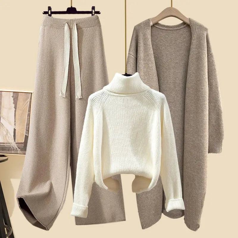 Fashionable Knitted Three-Piece Set Women's Autumn New Lazy Style Open Cardigan Outerwear Slimming Wide Leg Pants