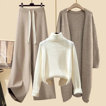 Fashionable Knitted Three-Piece Set Women's Autumn New Lazy Style Open Cardigan Outerwear Slimming Wide Leg Pants