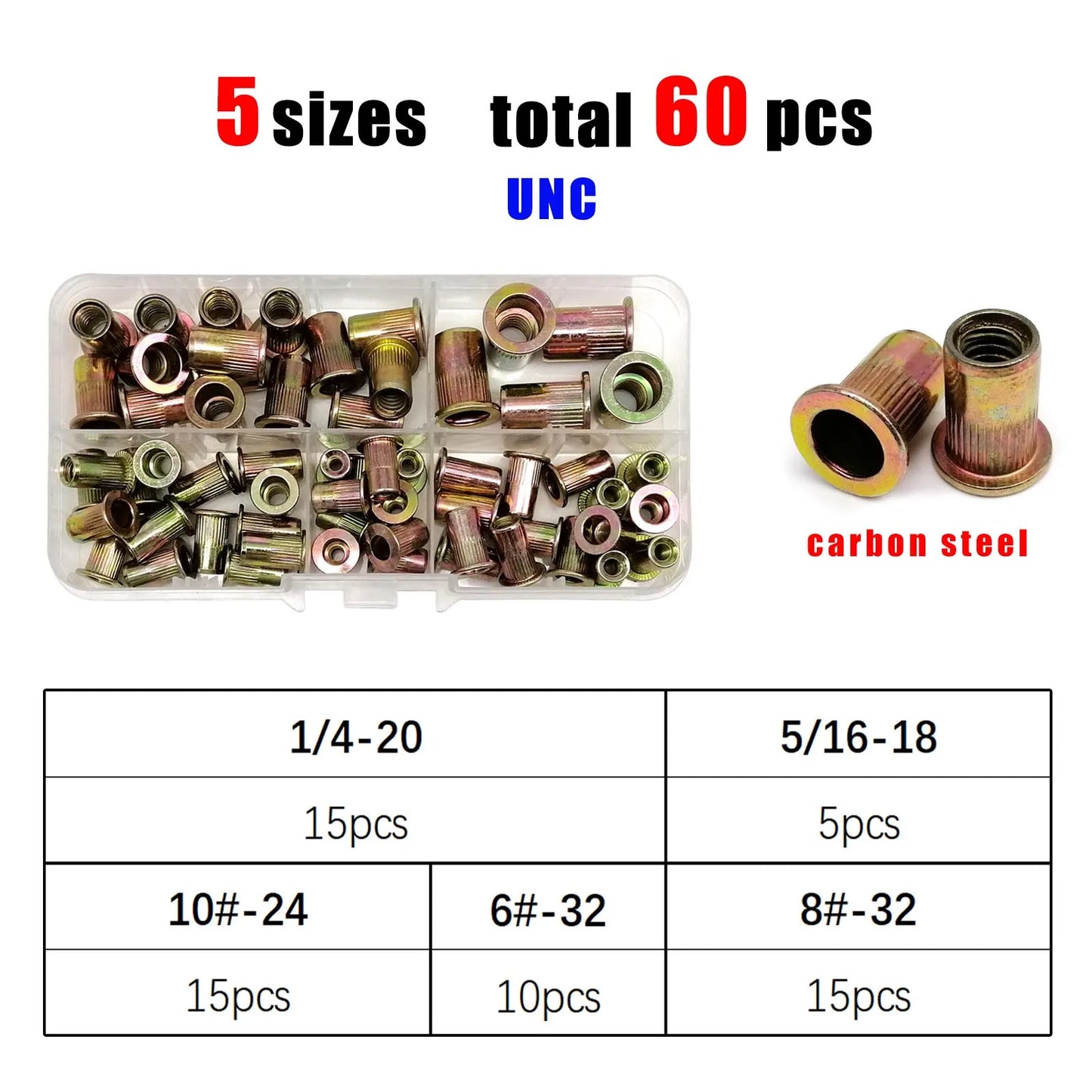 1 Box M3 M4 M5 M6 M8 US Coarse Thread UNC 304 A2-70 Stainless Steel Carbon Steel Aluminum Flat Head Rivet Nut Rivnut Set Kit