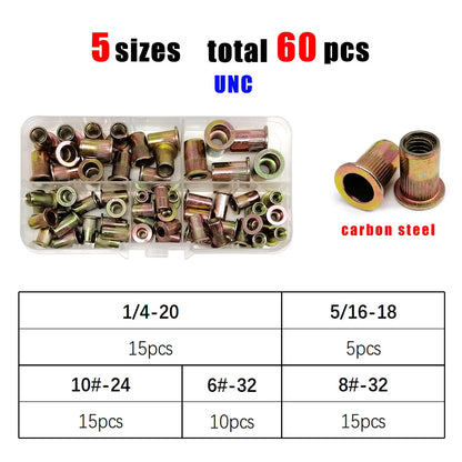 1 Box M3 M4 M5 M6 M8 US Coarse Thread UNC 304 A2-70 Stainless Steel Carbon Steel Aluminum Flat Head Rivet Nut Rivnut Set Kit