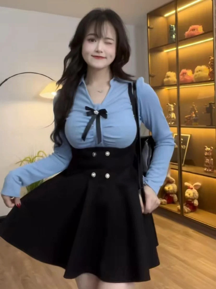 plus Size British College Style Set Women Spring Autumn Slimming JK Uniform Halter Half Skirt Shirt Two Piece Set Fashionable...