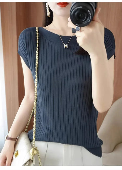 Ice Silk Knitted Top Women Loose Spring Summer New Style Thin Short Sleeve One Shoulder T-Shirt Breathable Comfortable Casual...
