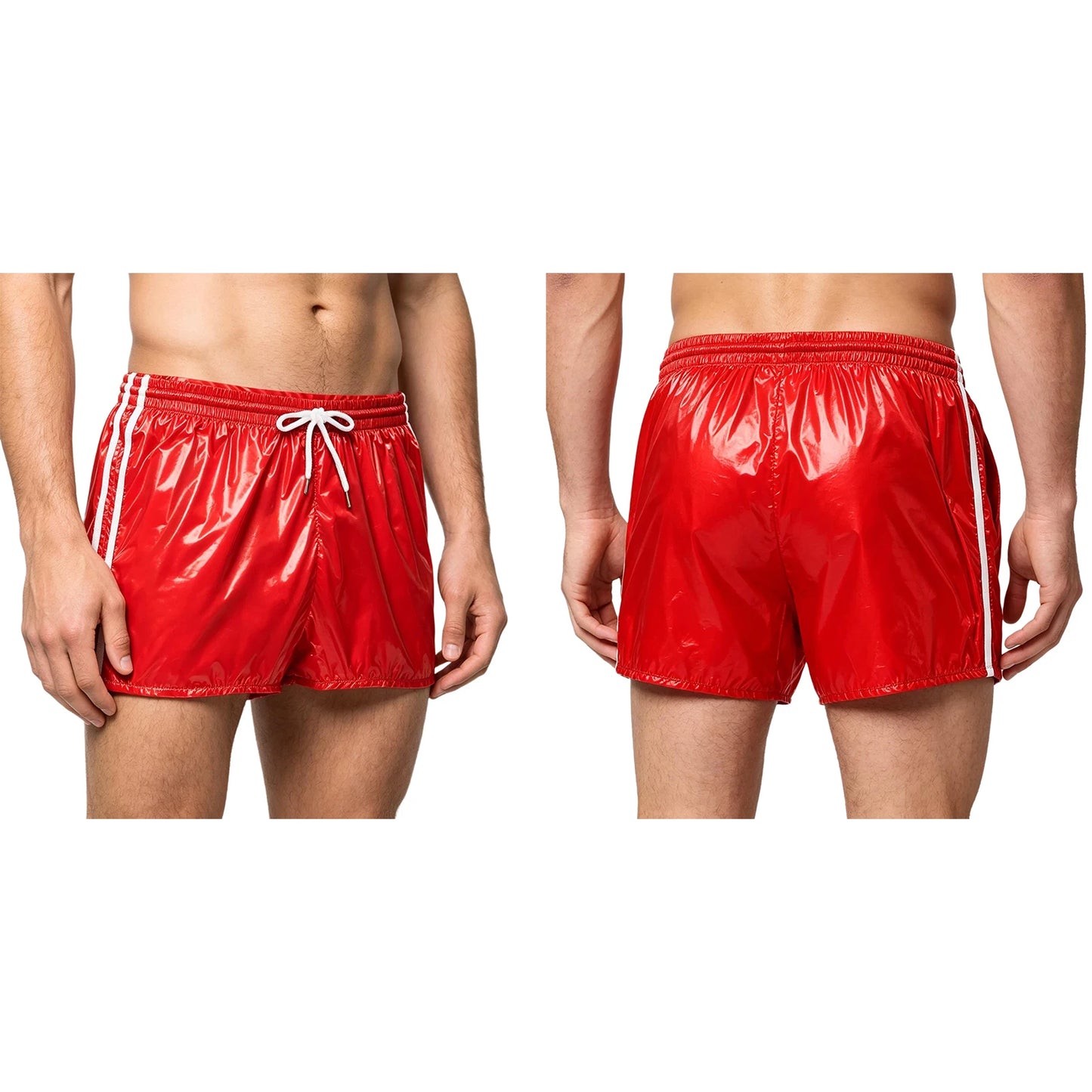 Men Oil Glossy Cargo Shorts Waterproof Elastic Waist Band Multi-pocket Zipper Overalls Capri Pants Dance Clubwear Beach Swimwear