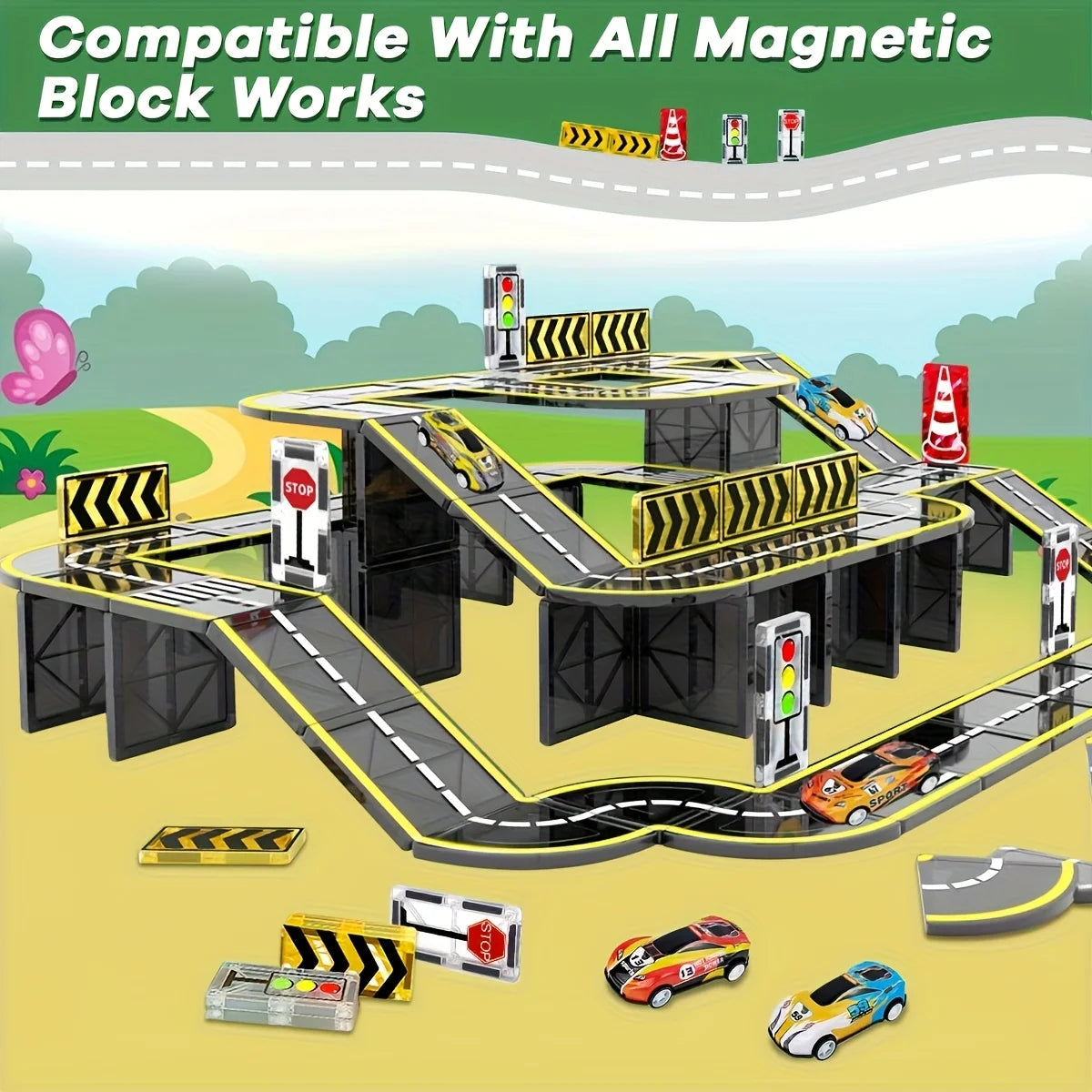 Magnetic Building Blocks Toys Magnetic Force Plate Track, with Small Car Creative DIY Track Building Assembly Toys