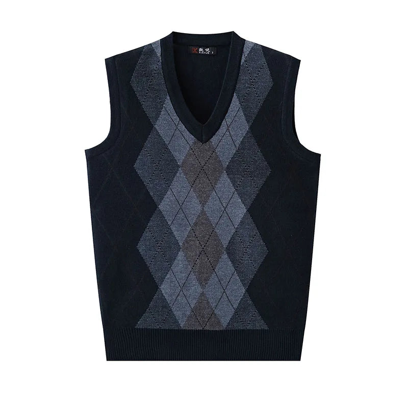 Thickened Casual Sweater Tank Top for Men Vintage Argyle Check Knitting Vest Man Autumn Winter Out Wear Sleeveless Sweaters