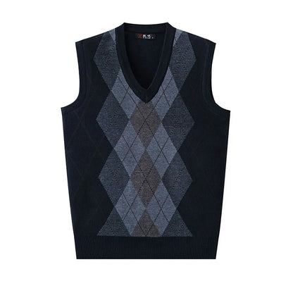 Thickened Casual Sweater Tank Top for Men Vintage Argyle Check Knitting Vest Man Autumn Winter Out Wear Sleeveless Sweaters