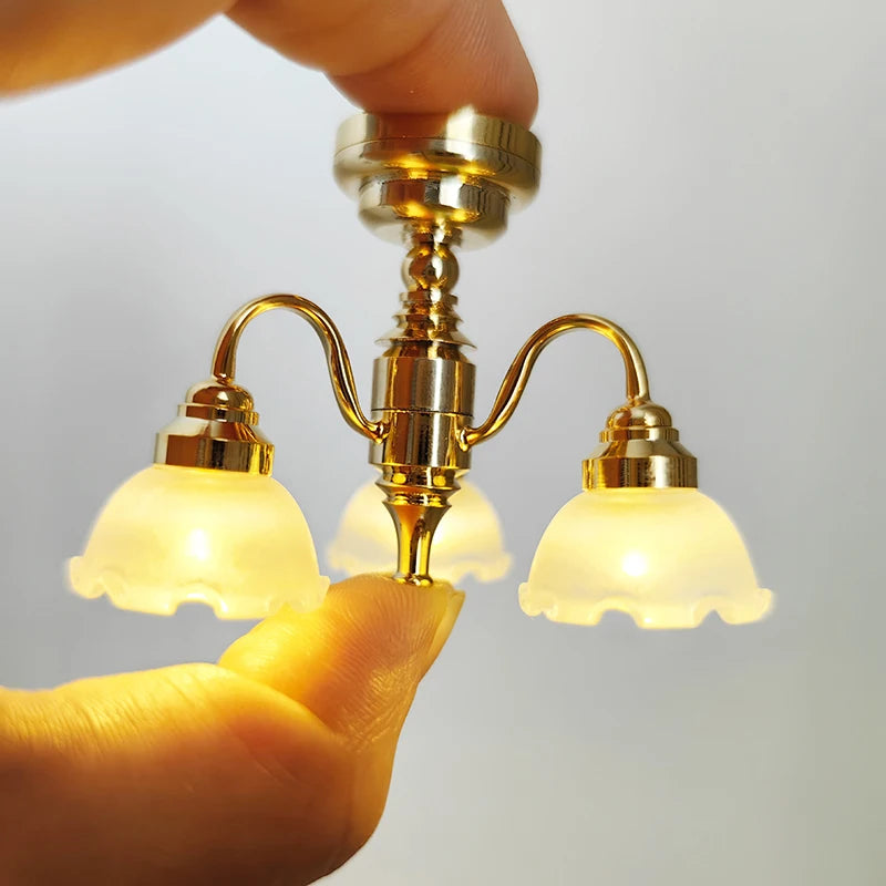 1:12 Dollhouse Miniature LED Golden Ceiling Lamp Chandelier Home Lighting Model Furniture Decor Toy Doll House Accessories