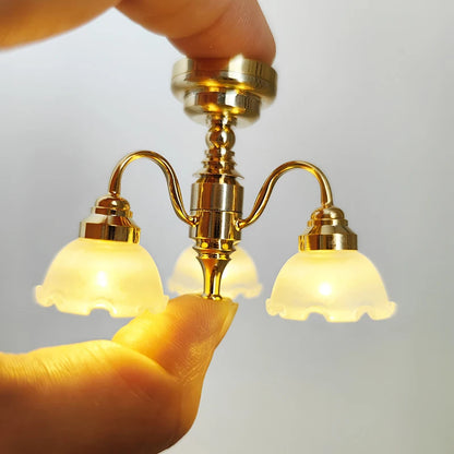 1:12 Dollhouse Miniature LED Golden Ceiling Lamp Chandelier Home Lighting Model Furniture Decor Toy Doll House Accessories