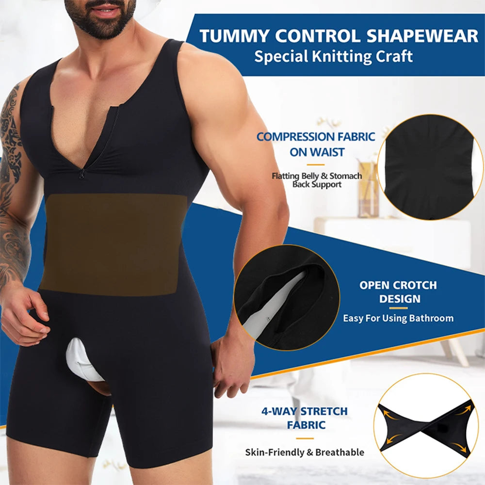 Men's Full Body Shaper Tummy Control Shapewear Slimming Compression Underwear With Zipper Bodysuit Undershirt Fajas Para Hombres