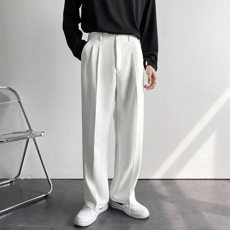 Men's White Straight Pants Fashion Korean Loose Suit Trousers Casual Draped Baggy White Wide Pant Male Streetwear